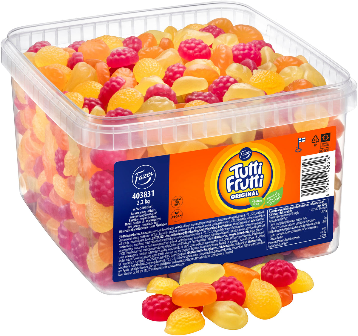 Swedish Candy Club Berry Fruity assortment of gelatin-free gummy candies in raspberry, orange, and yellow fruit shapes.