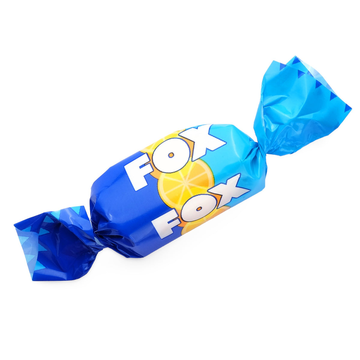Swedish Candy Club Fox Lemon hard candy individually wrapped in blue foil with lemon slices.