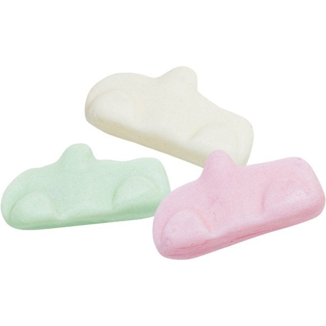 Swedish Candy Club, Ahlgren's limos, assorted gummy car candies in pink, green, and white.