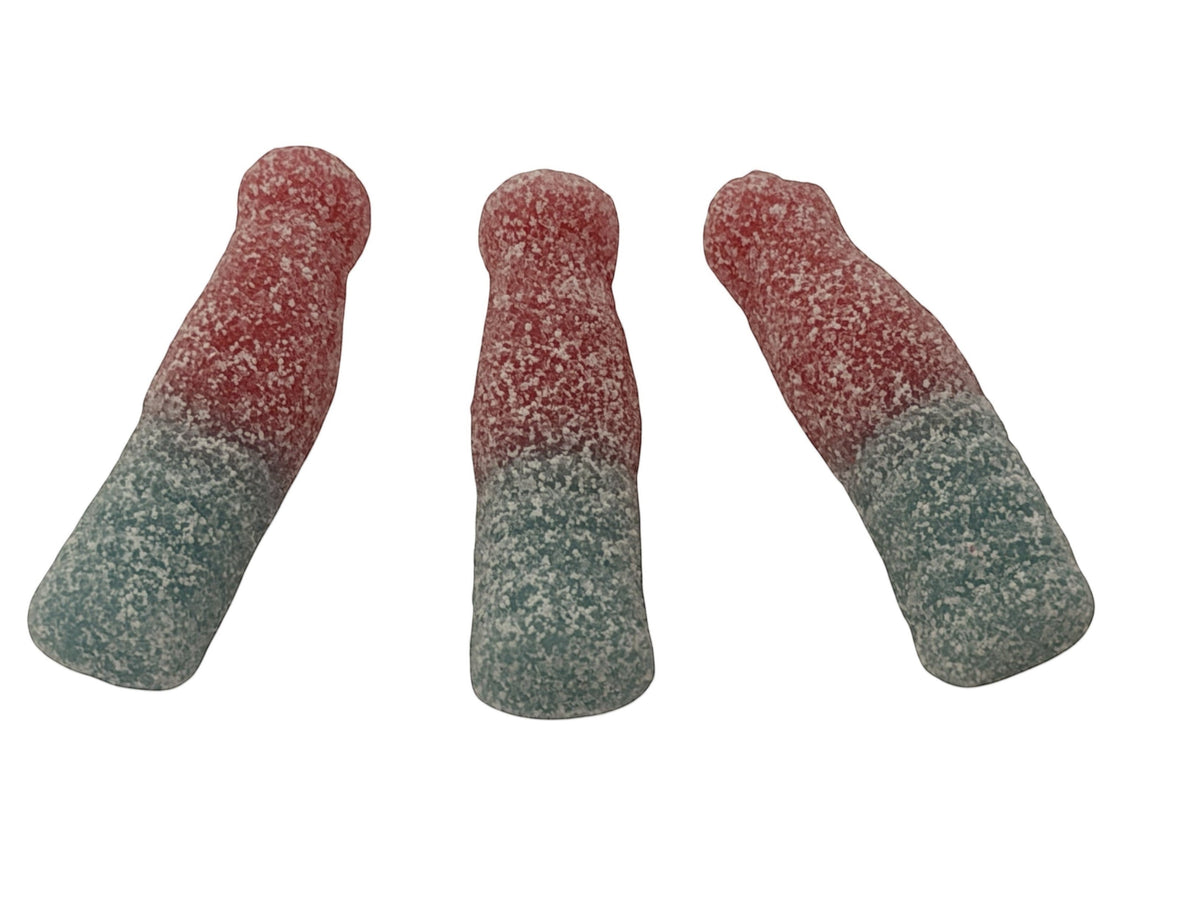Swedish Candy Club sour foam bottle candies with red and blue sugar-dusted chewy texture